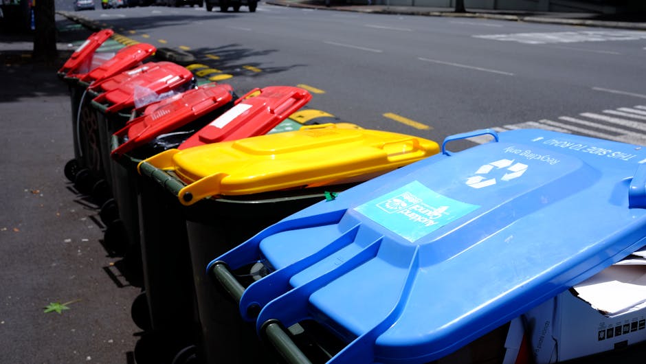 A row of large wheeled rubbish bins lined up on a city sidewalk near a street, with the bins visibly made of durable plastic and featuring hinged lids. The bins are in various colors, including blue,